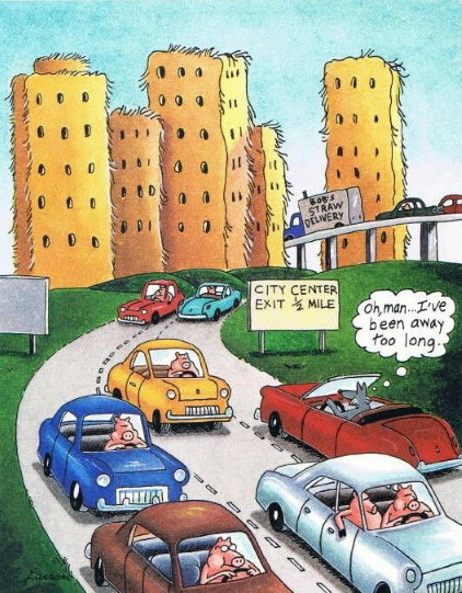 The Far Side by Gary Larson Far Side: wolf returns to city of straw